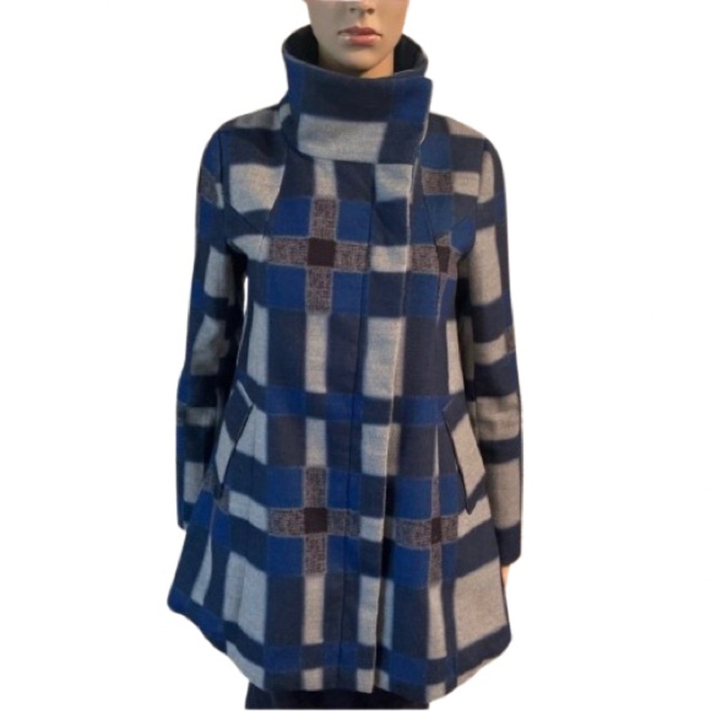 Blue and Gray Plaid Coat with Funnel Neck - Size M - Picture 6 of 6